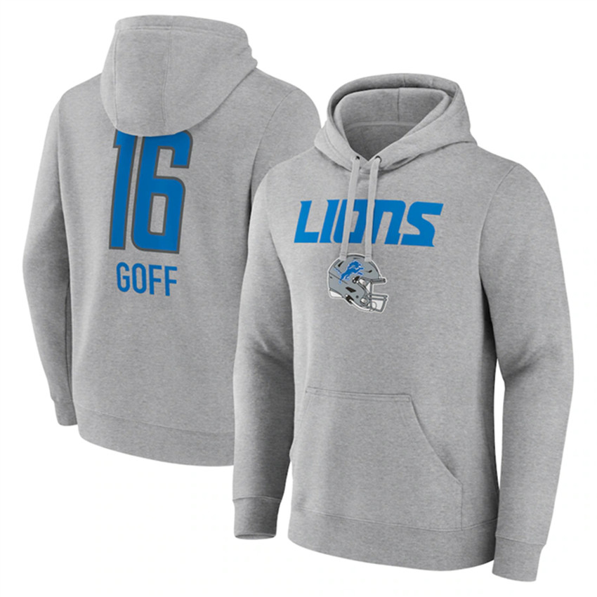 Men's Gray Detroit Lions #16 Jared Goff Heather Team Wordmark Player Name & Number Pullover Hoodie